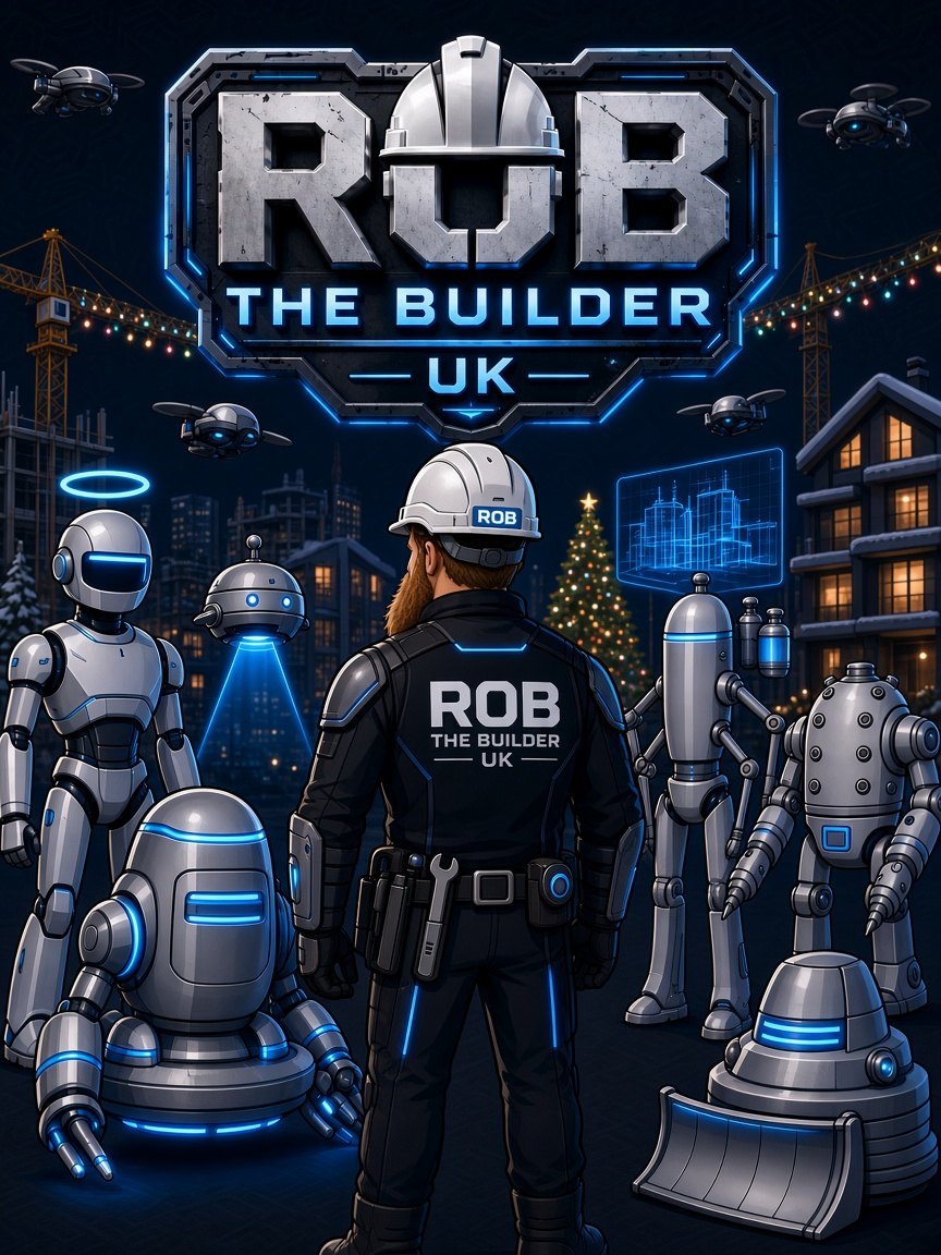 Cover of The Mysterious Robot Builder showing bearded Rob and his robot crew in a snowy village