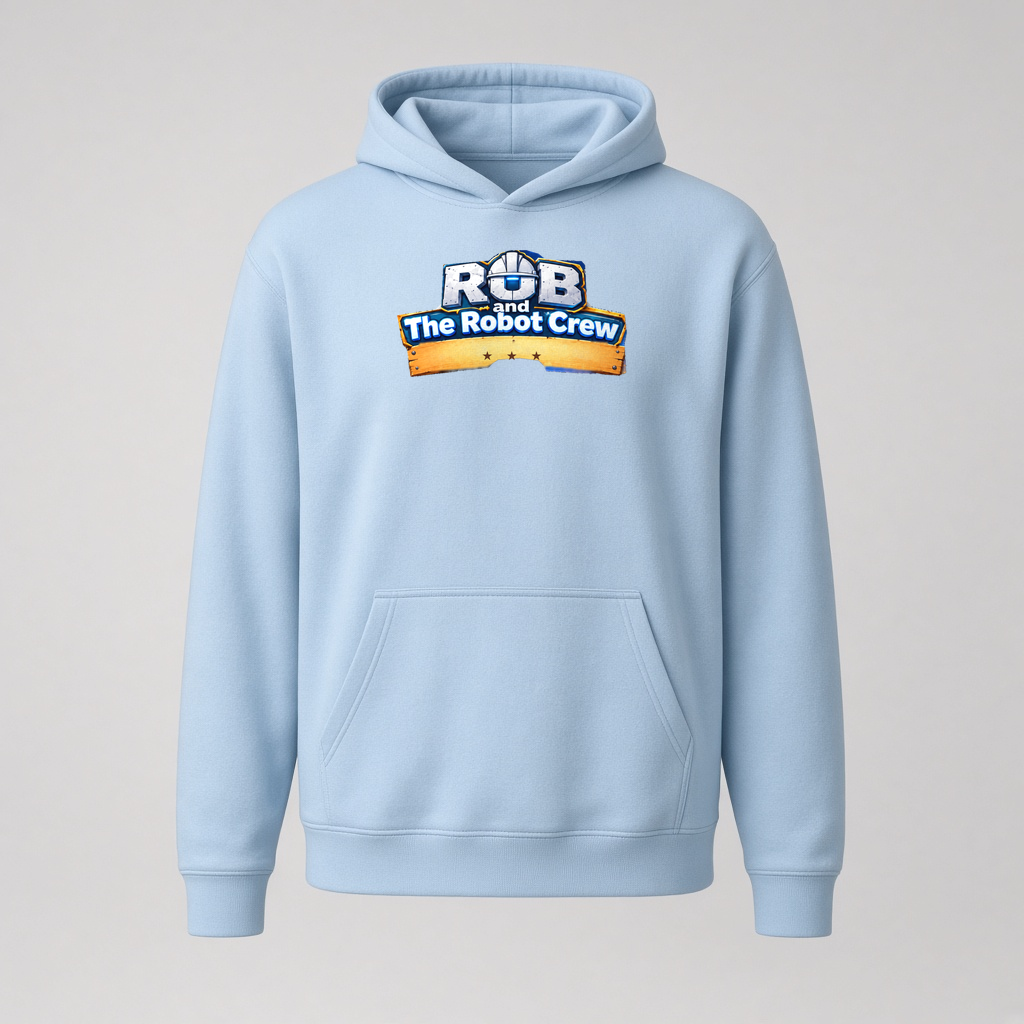 Adult hoodie mockup with Rob and the Robot Crew badge