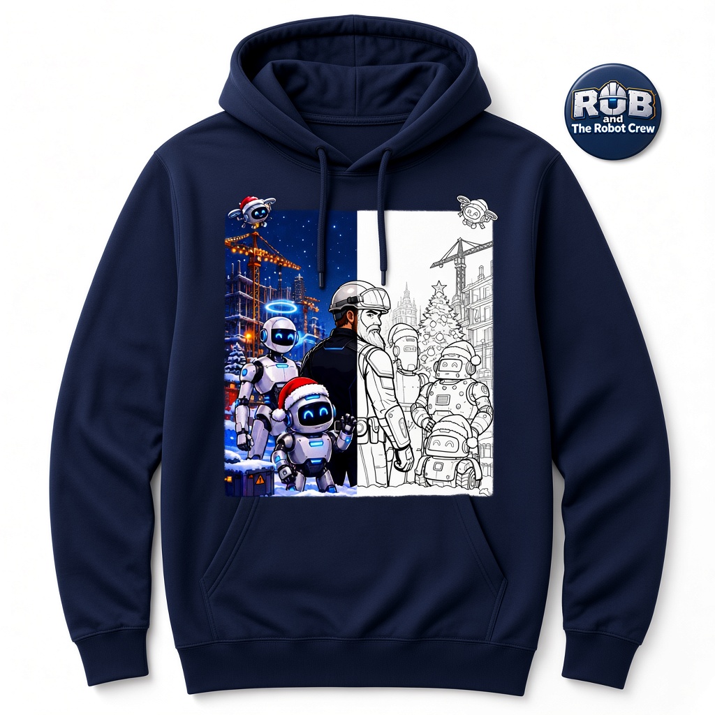 Adult navy hoodie mockup with Wonderful Carpenter Christmas split art and Robot Crew badge
