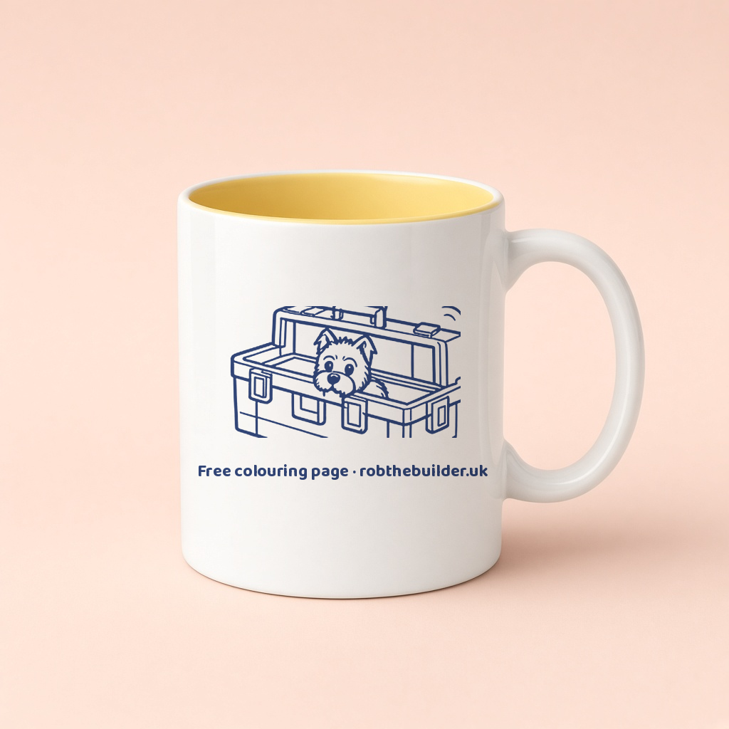 Mug mockup with Crumpet and free colouring page text