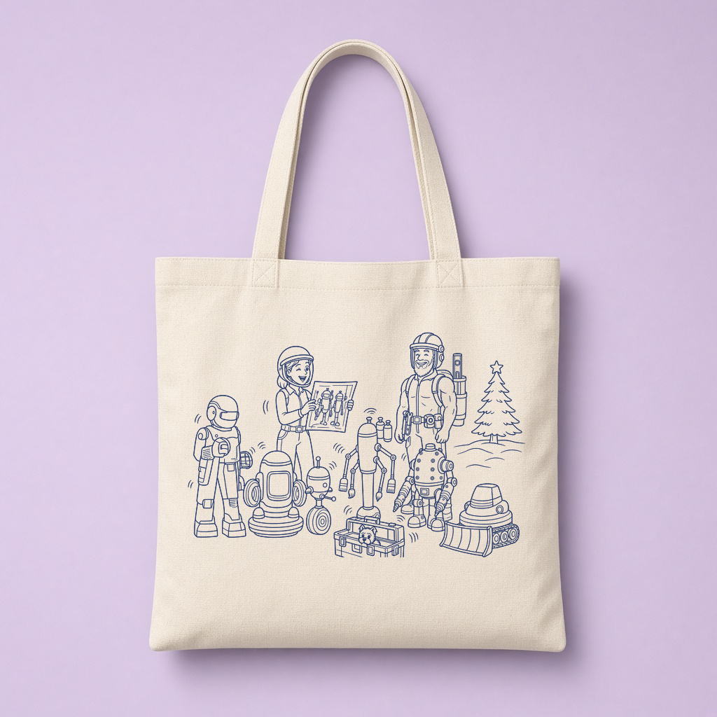 Tote bag mockup with crate and robots scene