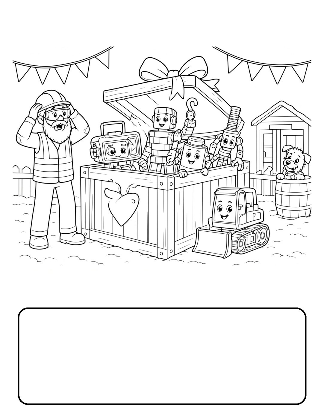Sample colouring page 1: a big wooden crate arrives outside Rob's gate