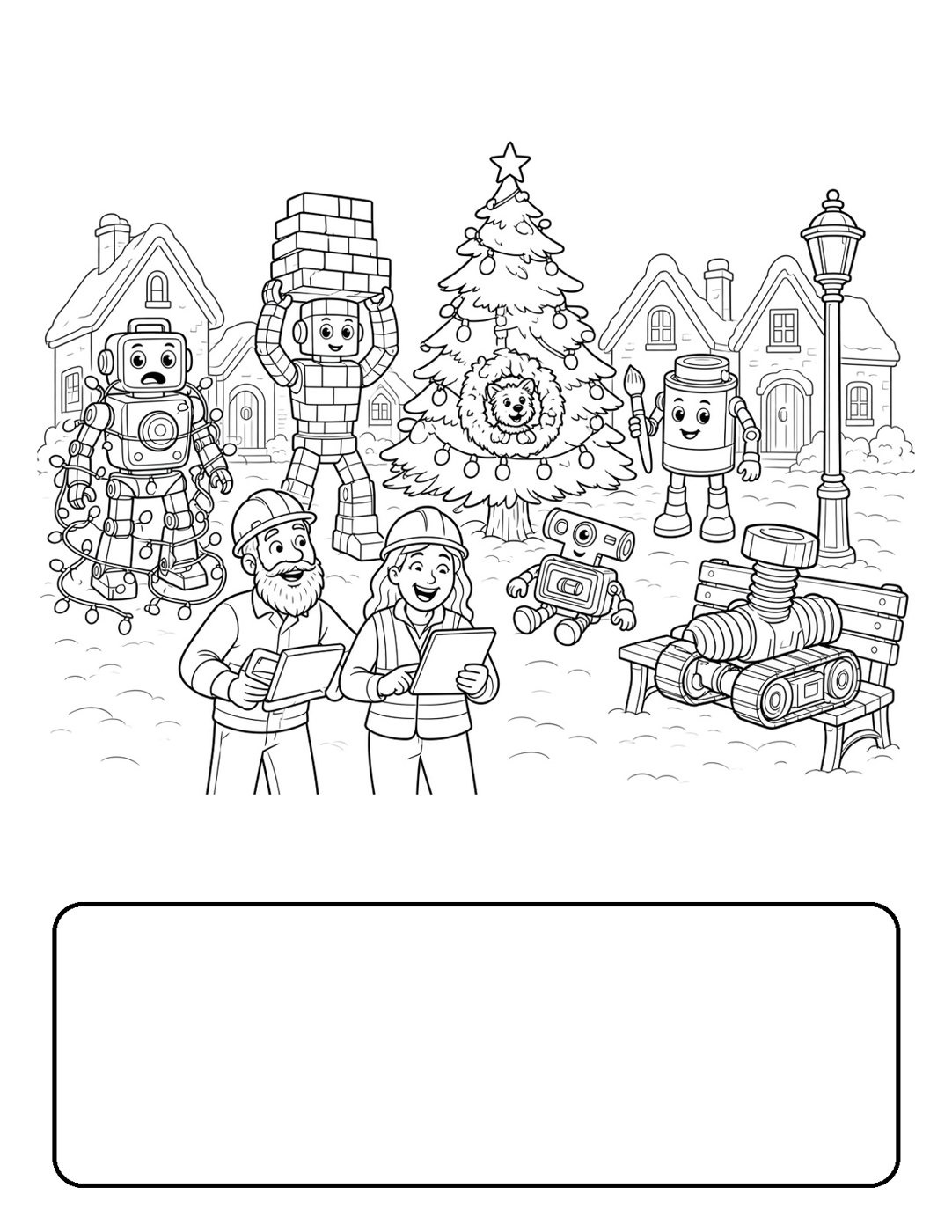 Sample colouring page 2: the crew's mix-up in the village hall